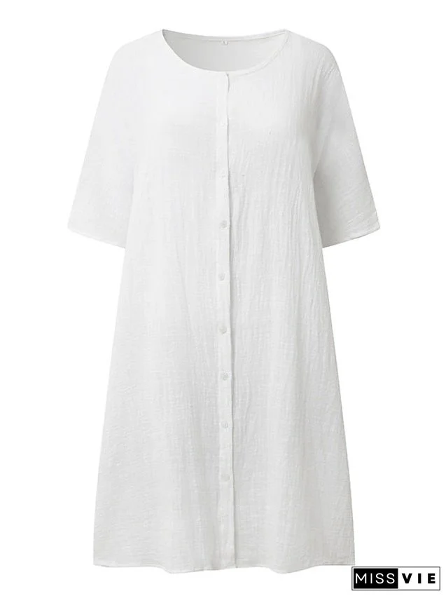 Women's Casual Dress Shirt Dress Cotton Linen Dress Mini Dress Blue Purple Pink Short Sleeve Pure Color Spring Summer V Neck Beach Basic Daily Weekend Loose Fit Linen S M L XL XXL 3XL