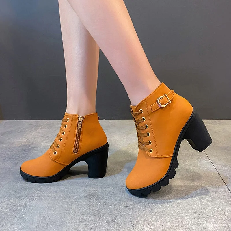 New Spring Winter Women Pumps Boots High Quality Lace-up European Ladies Shoes PU High Heels Boots Fast Delivery