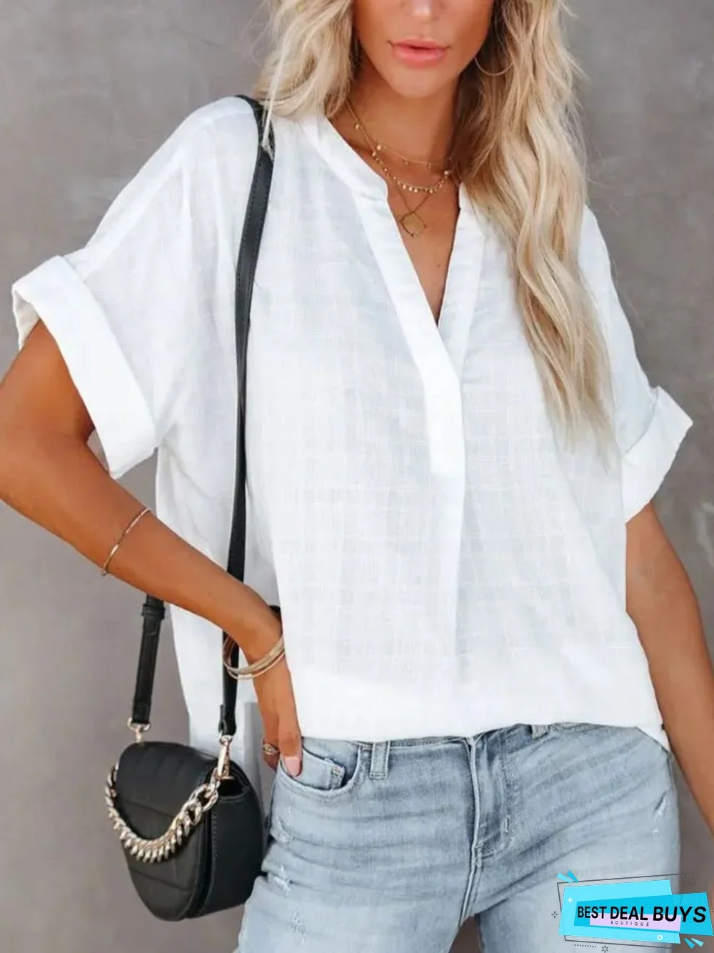 Casual Short sleeve Stand Collar Tunic Blouse