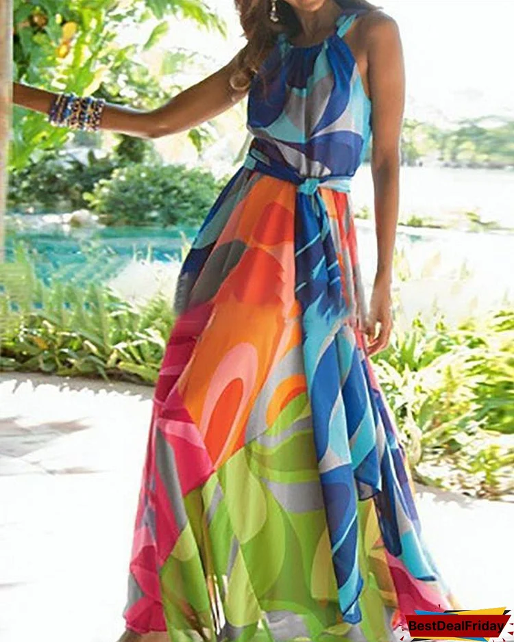 Multicolor Abstract Printed Halter Boho Dress