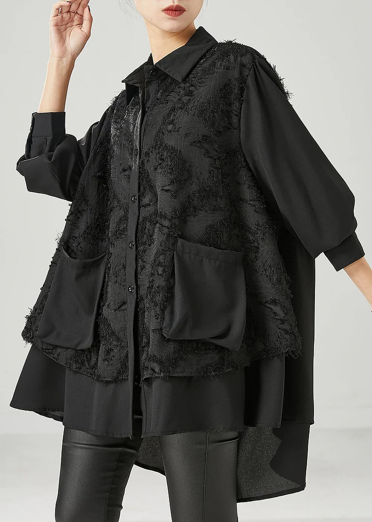 Women Black Asymmetrical Patchwork Cotton Shirt Dress Spring