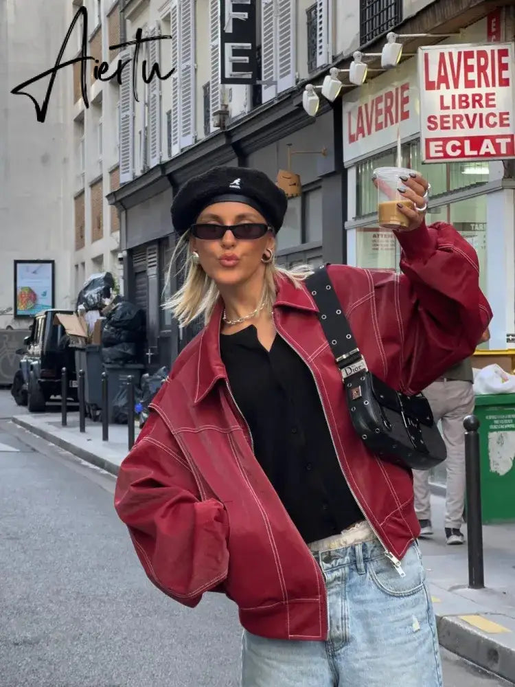 Women Chic Contrast Stitching Red Jacket Fashion Lapel Long Sleeve Zippered Leather Coat Autumn Female Elegant Streetwear Aiertu