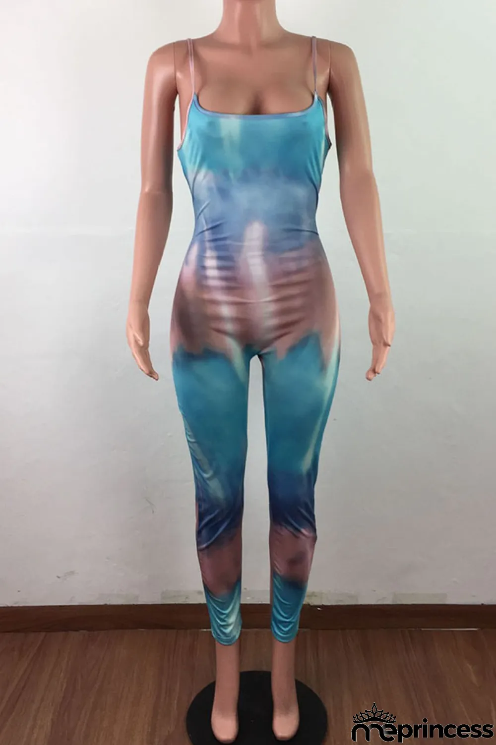 Blue Fashion Sexy Tie-dyed Sleeveless Slip Jumpsuits
