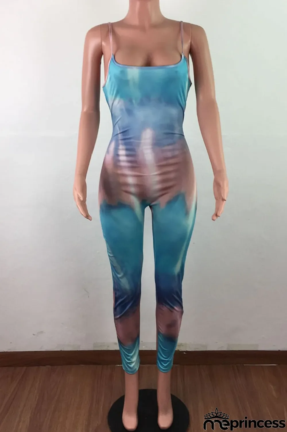 Blue Fashion Sexy Tie-dyed Sleeveless Slip Jumpsuits