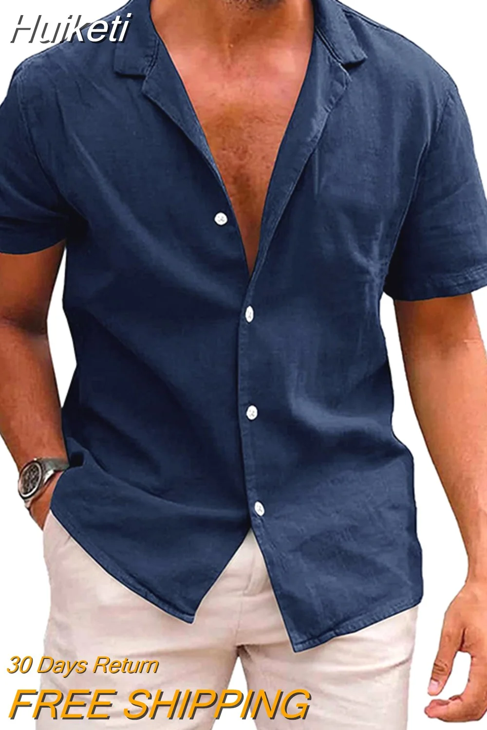 Huiketi Short Sleeve Cotton Linen Casual Shirts Men Solid Color Male Blouse Turn Down Collar Breathable Beach Style Shirt Man