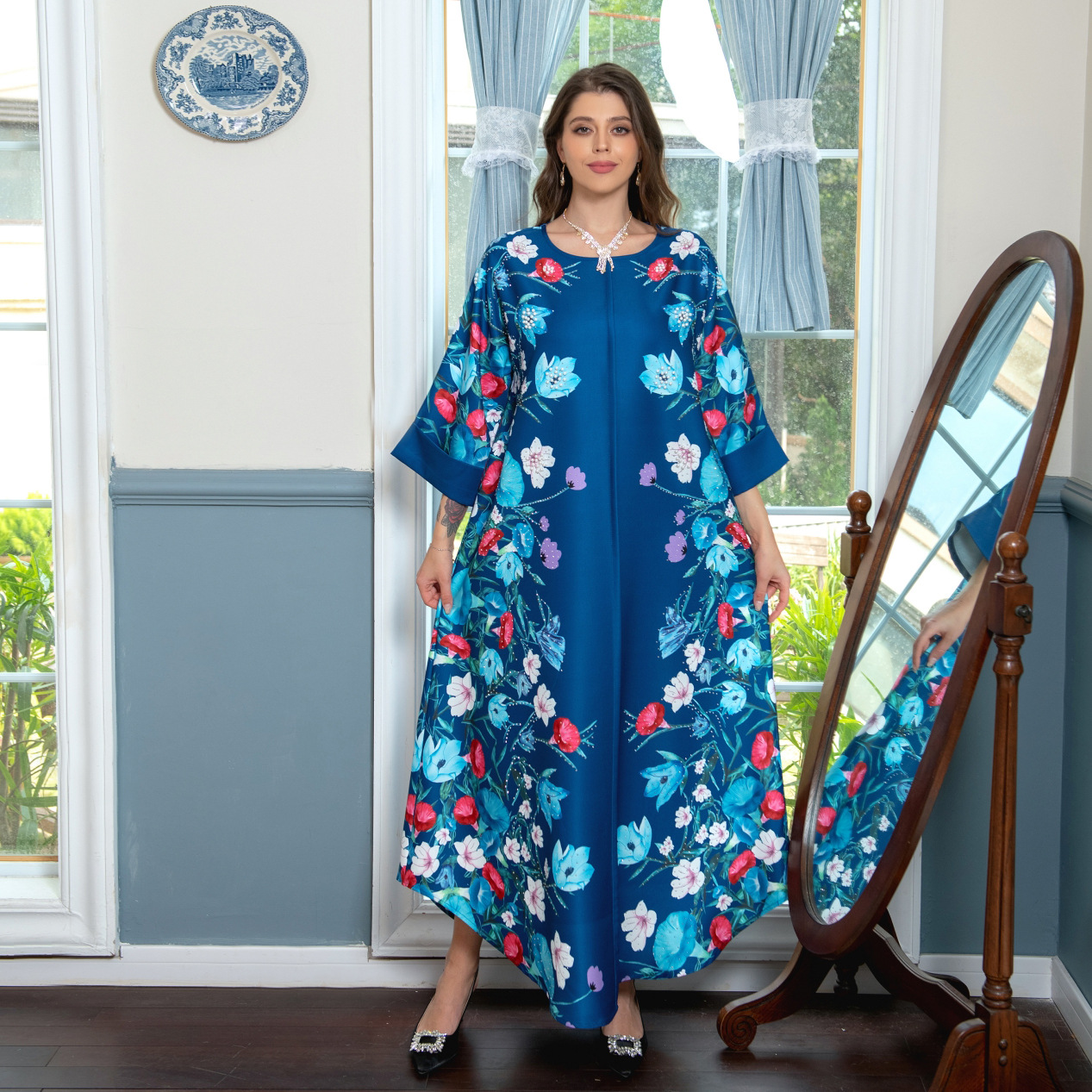 Floral Print Rhinestone Pearl Round Neck Long Sleeve Loose Kaftan | Oxredo Shop Ramadan Sale