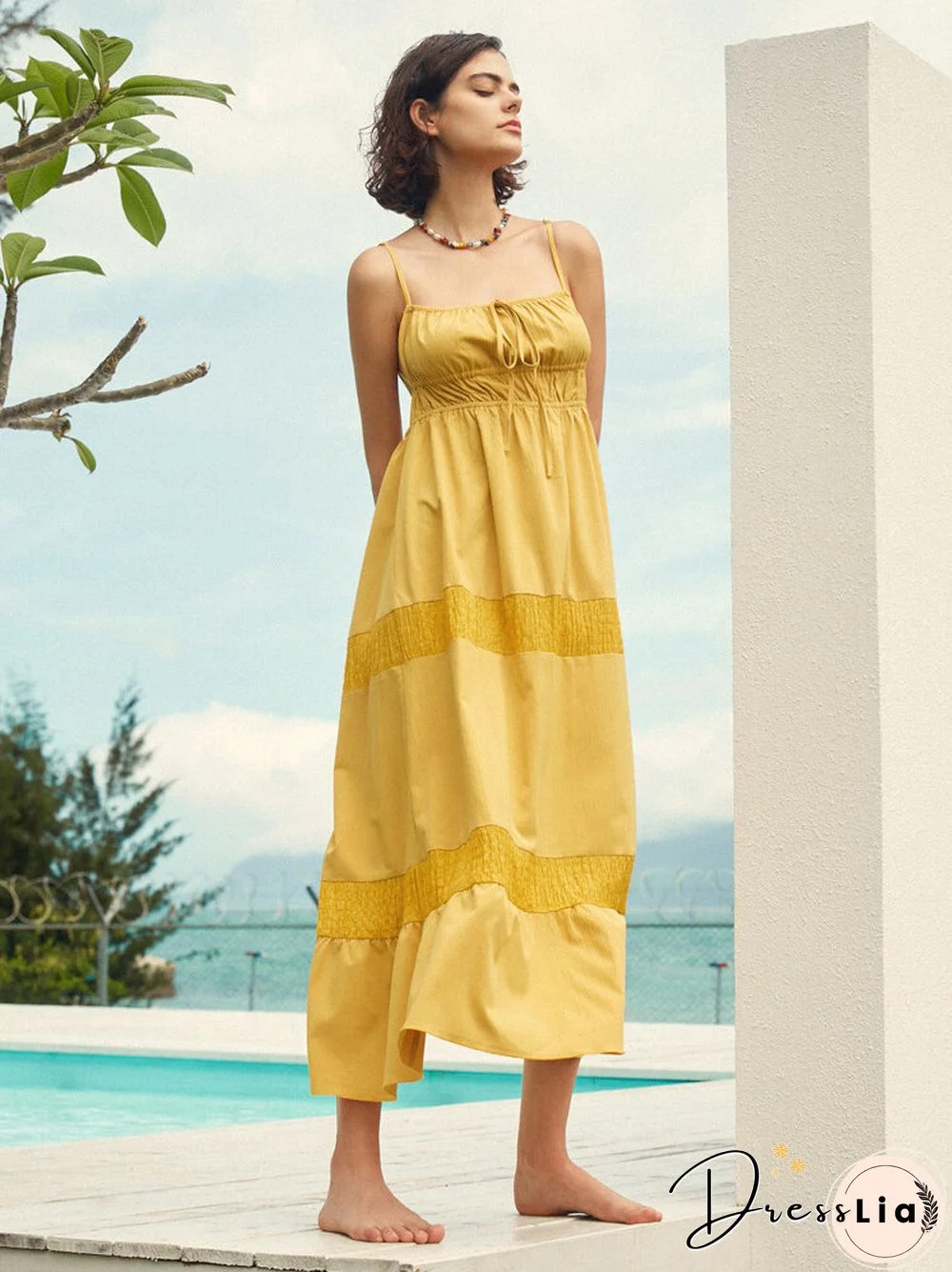 Solid Color Tie Front Open Back Spaghetti Strap Maxi Dress