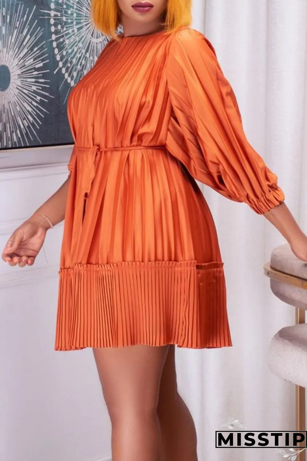 Black Casual Solid Patchwork Fold O Neck Pleated Dresses