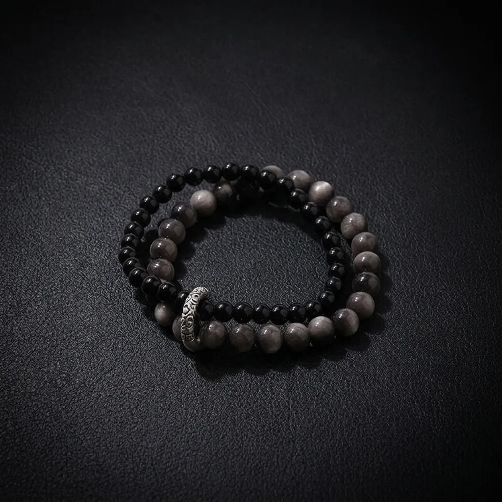 Serenity Double-Loop Obsidian Bracelet with Hand-Carved Sterling Silver 'Peace Buckle' BF1506 Black Obsidian 4mm + Silver Obsidian 6mm