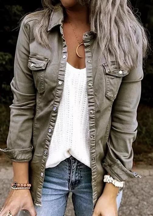  thdmladies Button Pocket Ruffled Denim Shirt Jacket thedmladies