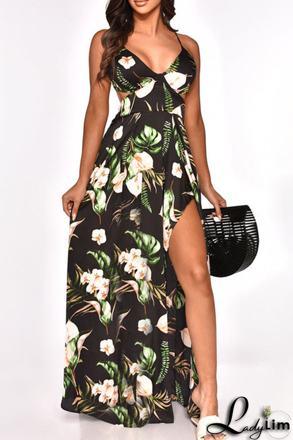 Burgundy Fashion Sexy Print Bandage Backless Slit Spaghetti Strap Long Dress Dresses