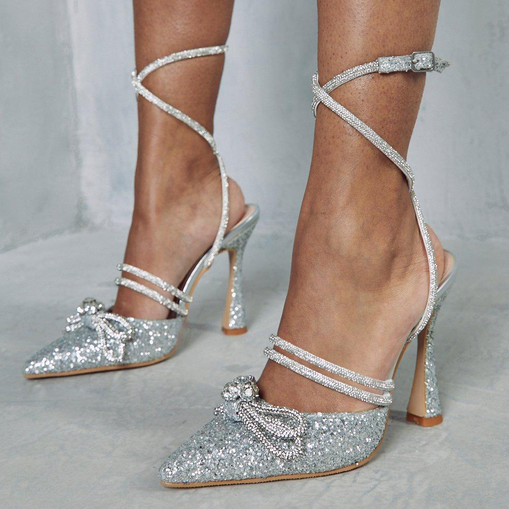 Pink Glitter Pointed Toe Flared Heel Strappy Pumps with Bow-Knot Nicepairs