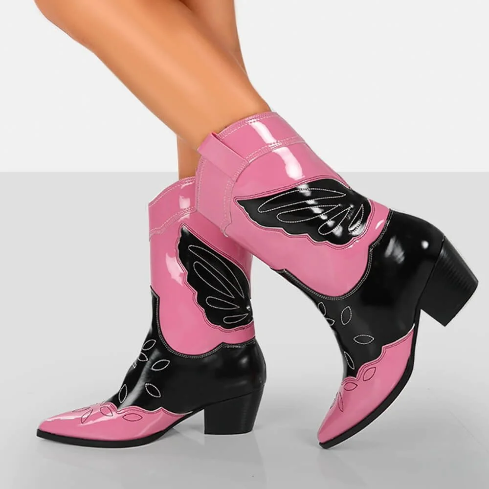 Leather Pointed Toe Boots Pink and Black Boots Chunky Low Heel Boots Nicepairs