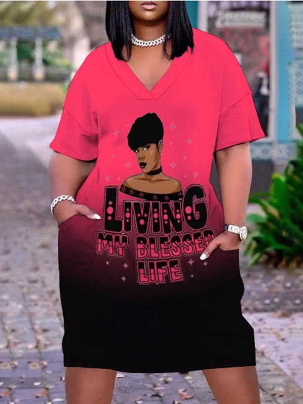 Digital Print V-Neck Casual Pocket Dress