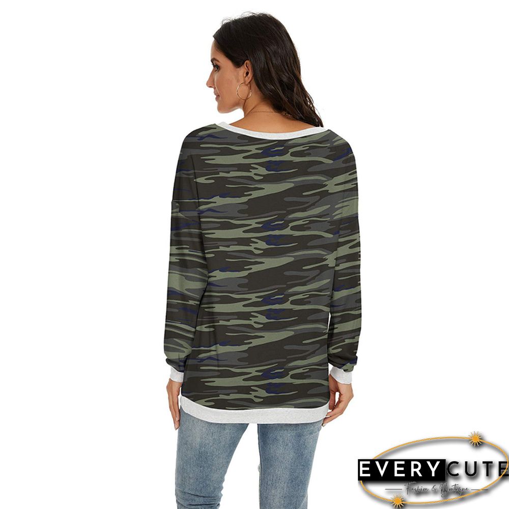 Army Green Camo Print Off Shoulder Long Sleeve Top