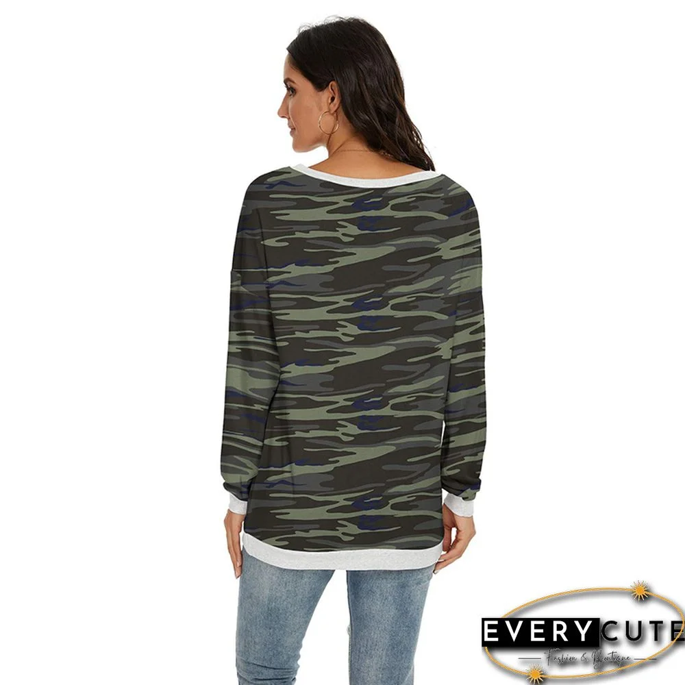Army Green Camo Print Off Shoulder Long Sleeve Top