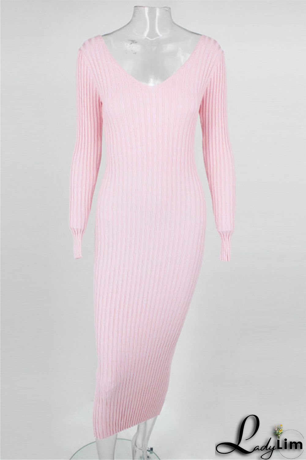 Black Fashion Casual Solid Basic V Neck Long Sleeve Dresses