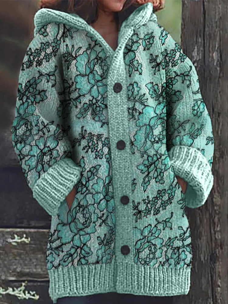 Comstylish Vintage Turquoise Floral Lace Knit Hooded Cardigan