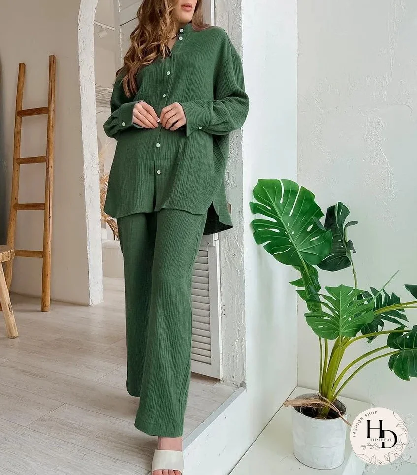 Women's 2Piece Set Long Sleeve Lapel Solid Shirt and Straight Long Pant