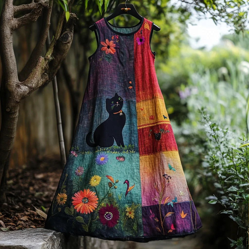 Vintage Floral And Black Patchwork Art Linen Tank Dress