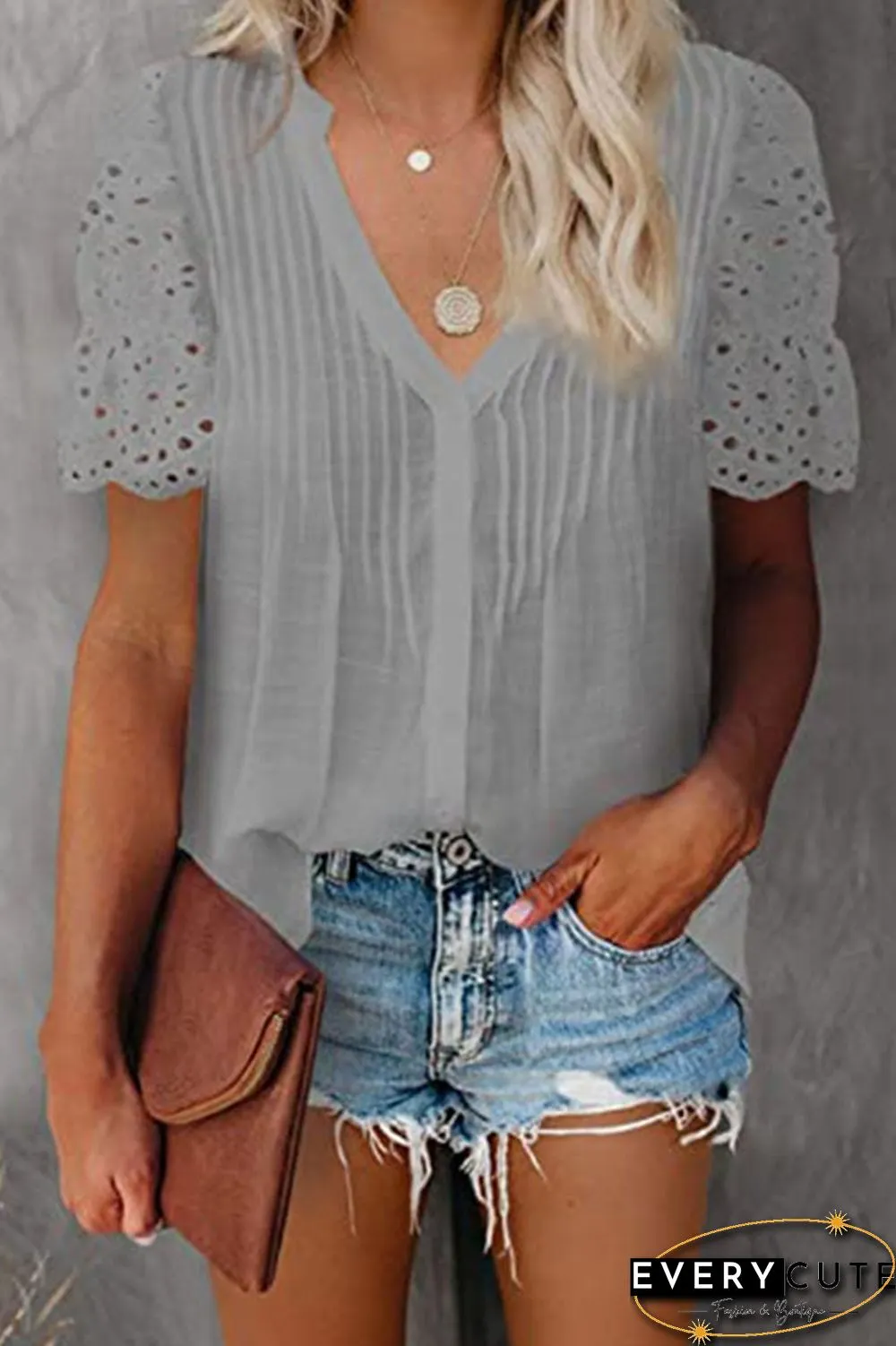 Fashion Solid Split Joint V Neck Tops(6 Colors)