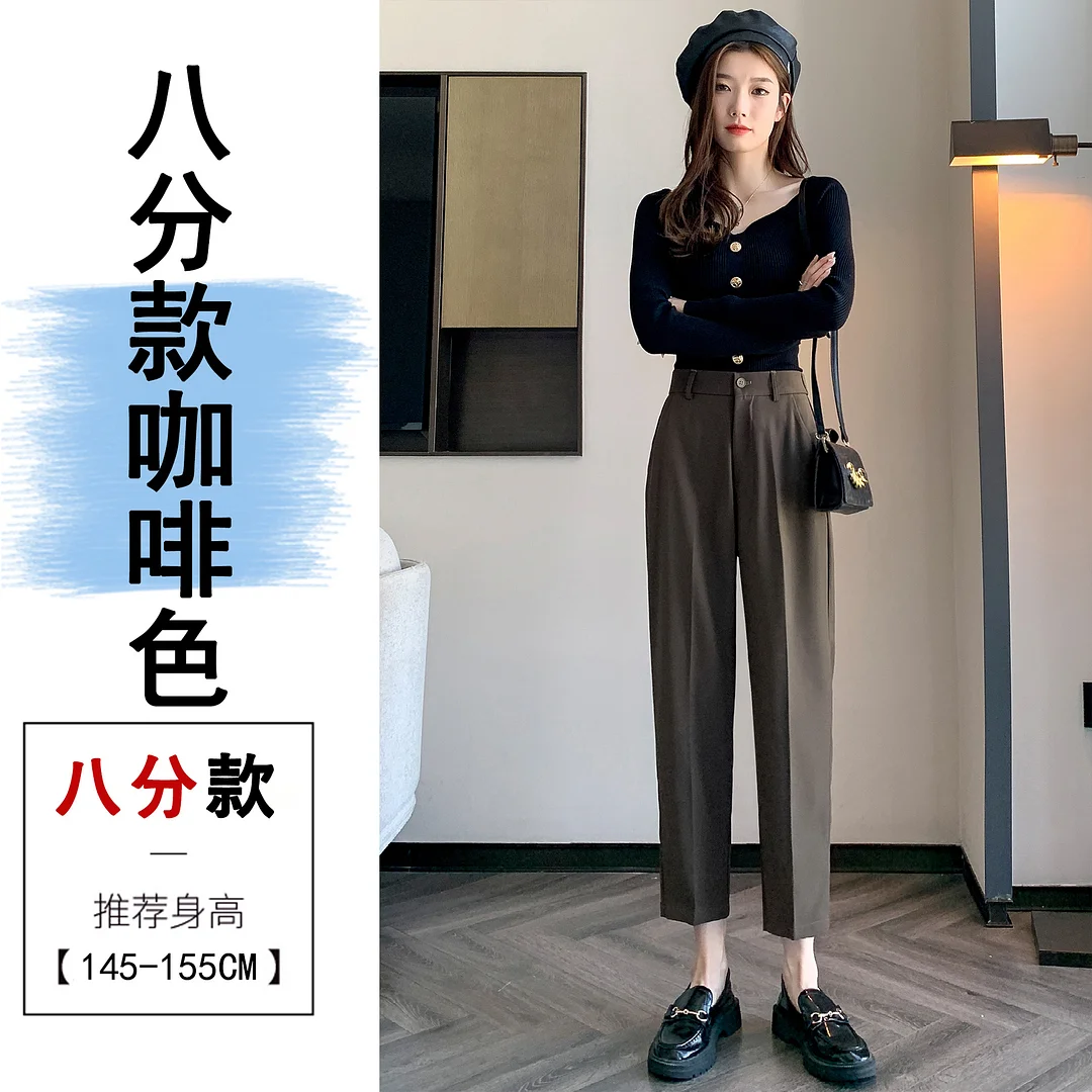 Woherb Grey Suit Pants Female Autumn New Ice Silk Pants Hanging Feeling Show Thin Harun Nine Points Casual Straight Tube Smoke Pipe Pants-Outfit Ideas