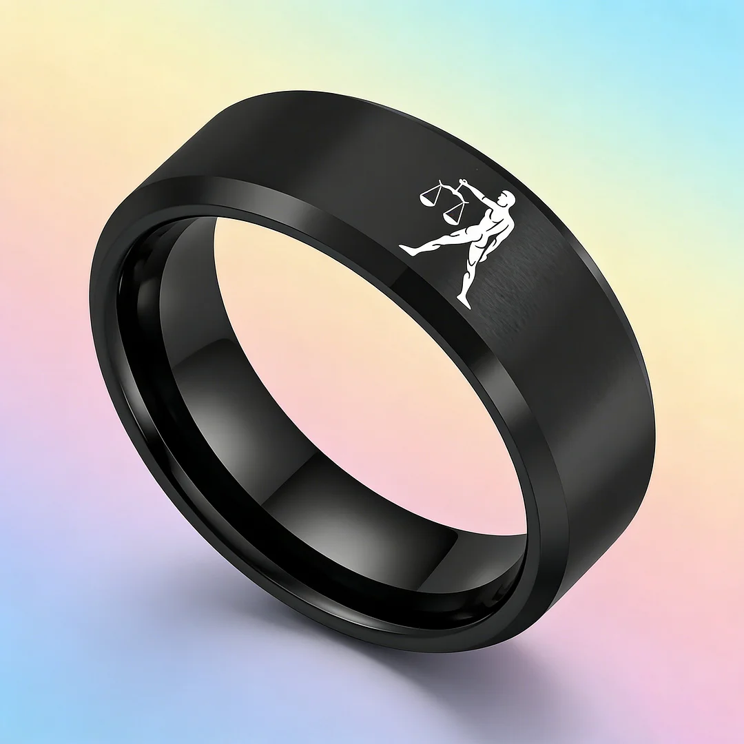 Black Libra Tungsten Carbide Rings Beveled Edges Black Laser Etched Couple Wedding Bands for Men and Women 4MM 6MM 8MM Width