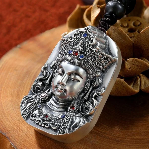 Sterling Silver Buddhist Mantra Guan Yin Buddha Pendant Necklace