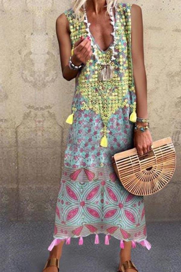 Bohemian Floral Print Sleeveless Tassel Holiday Maxi Dress | EGEMISS