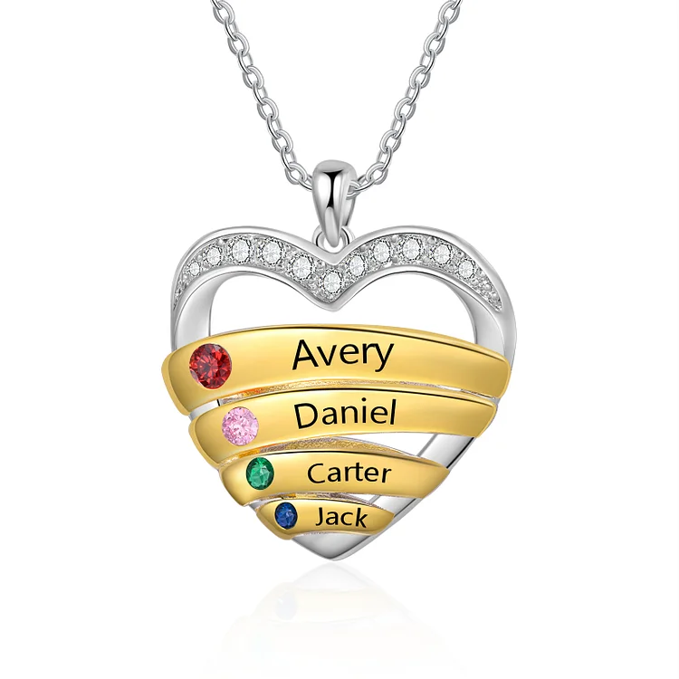 Personalized 4 Names & 4 Birthstones Necklace Custom Heart Pendant Women's Necklace Gifts for Her
