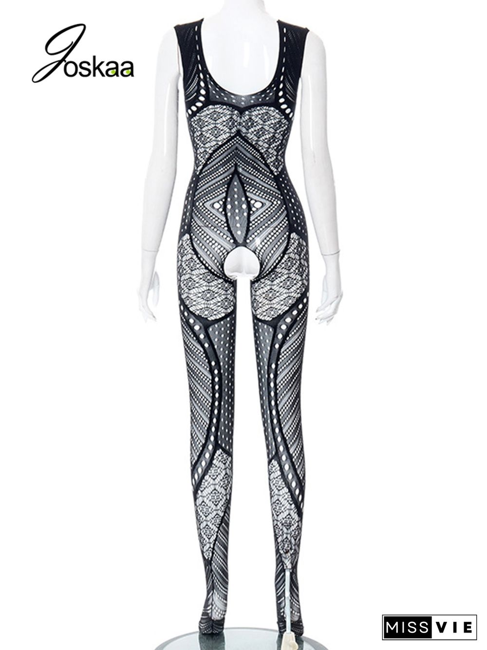 Hollow Out Mesh See Through Black Jumpsuit Summer Women Fashion One Piece Outfits Sexy