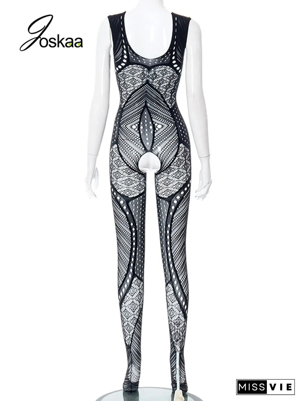 Hollow Out Mesh See Through Black Jumpsuit Summer Women Fashion One Piece Outfits Sexy