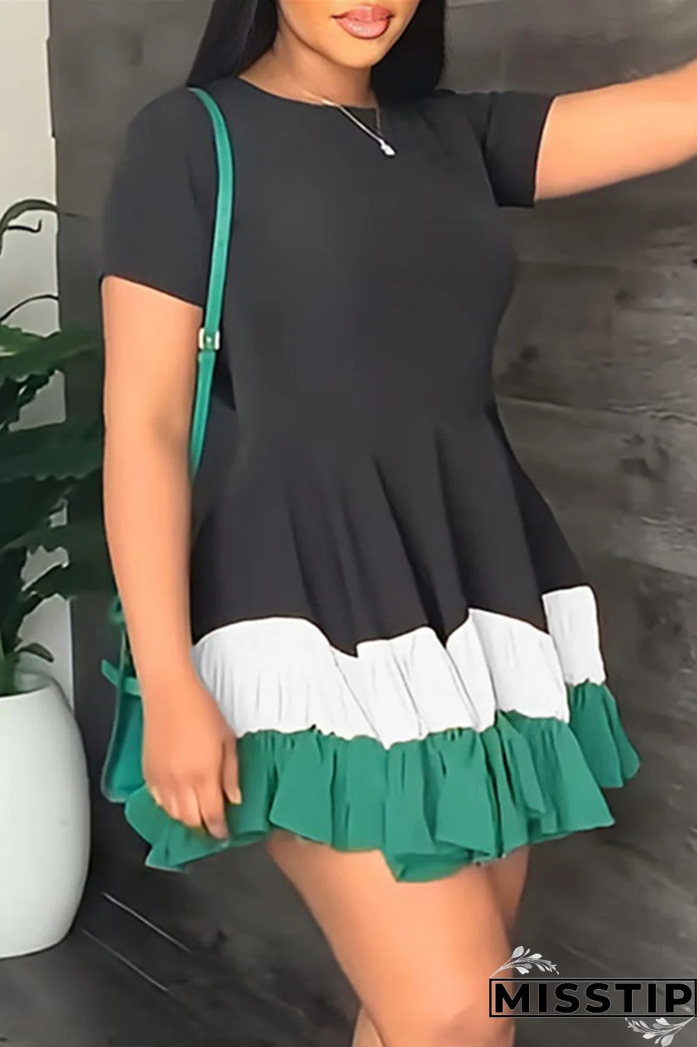 Blue Red Fashion Casual Solid Patchwork O Neck Short Sleeve Dress