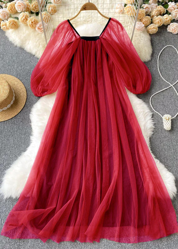 VCSHOES Red Square Collar Wrinkled Patchwork Tulle Dresses Lantern Sleeve
