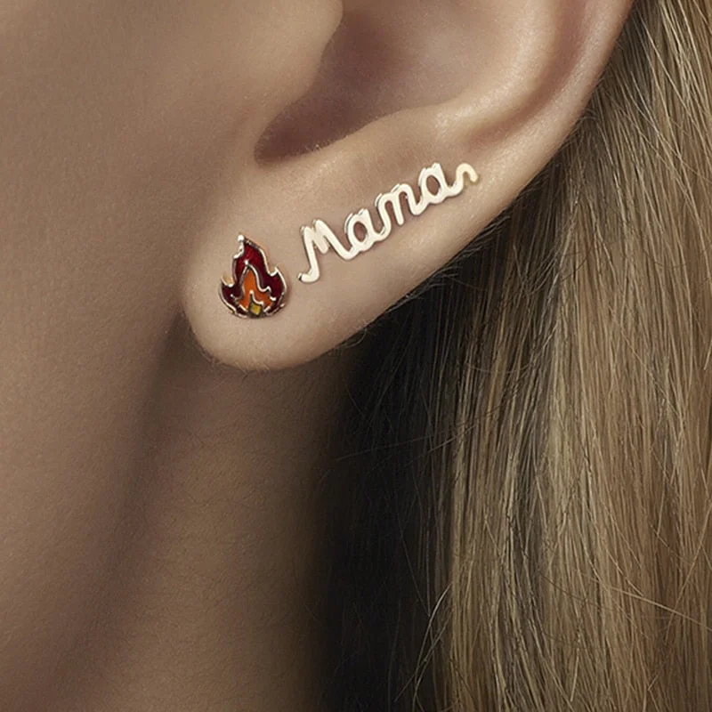 Dvacaman New Gold Color Metal Mama Stud Earrings for Women Fashion Asymmetry Statement Earrings Mother Gifts Jewelry Accessories