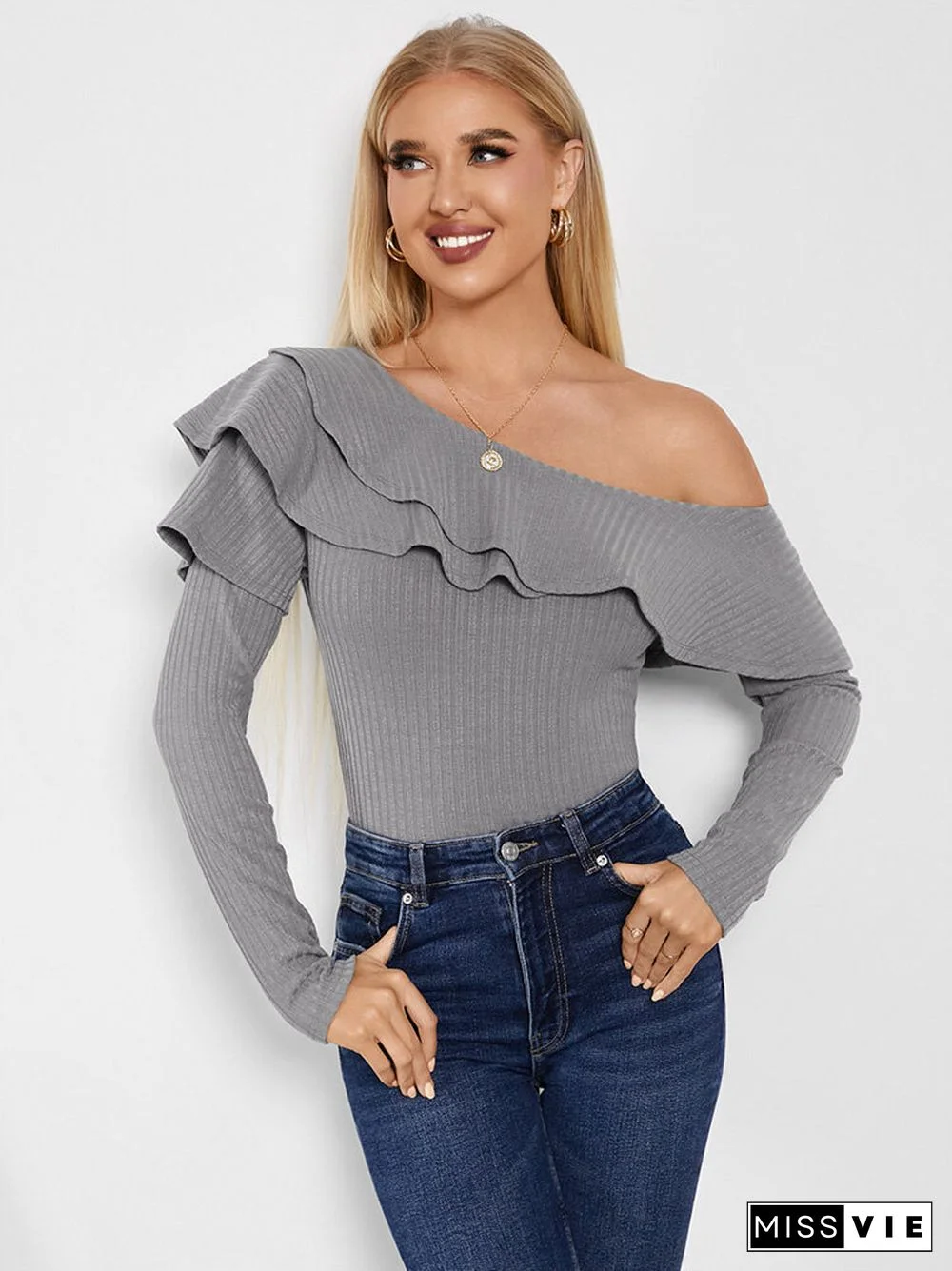 Solid Long Sleeve Off Shoulder Ruffle Knit T-shirt For Women