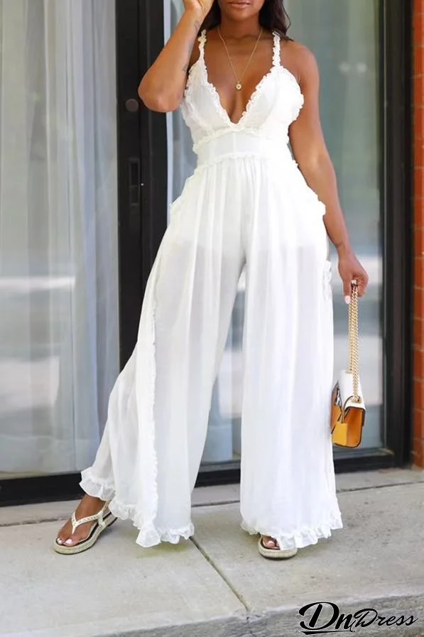 Women's Sexy V-Neck Strap Ruffle Slit Loose Jumpsuit