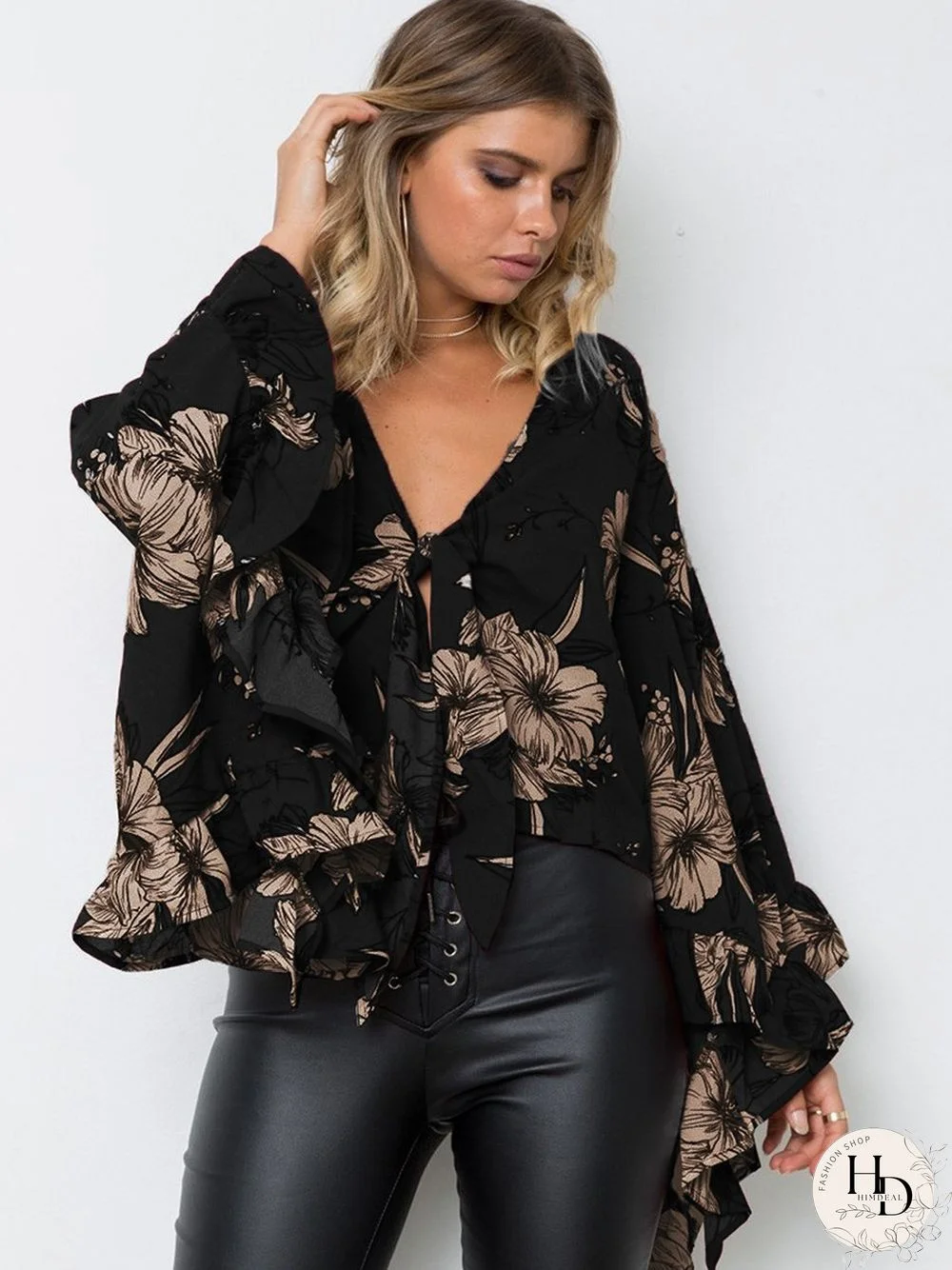 Long Sleeve Floral V-Neck Irregular Hem Top