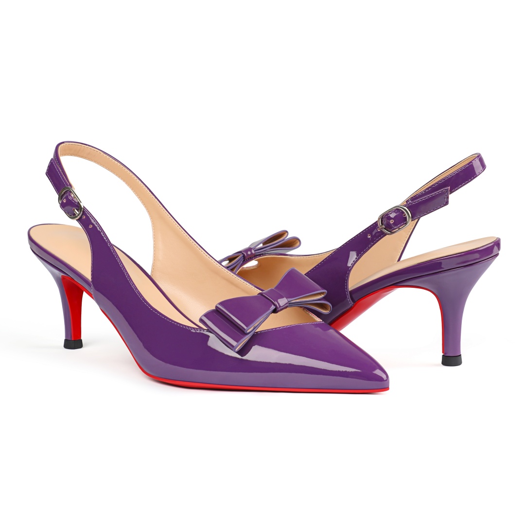 65mm Women's pointed Toe Bowknot Kitten Heel Slingback Pumps Red Bottom Patent Shoes-MERUMOTE