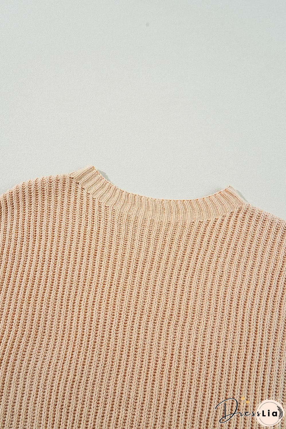 Apricot Cable Knit Drop Shoulder Side Slits Loose Sweater