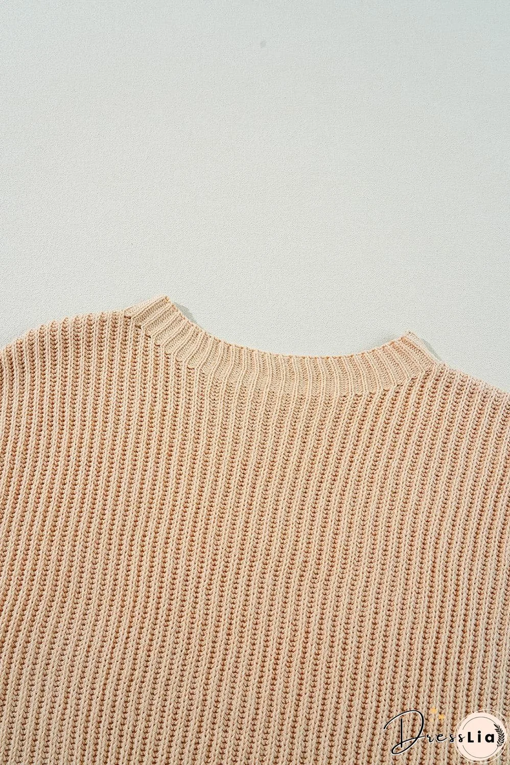 Apricot Cable Knit Drop Shoulder Side Slits Loose Sweater