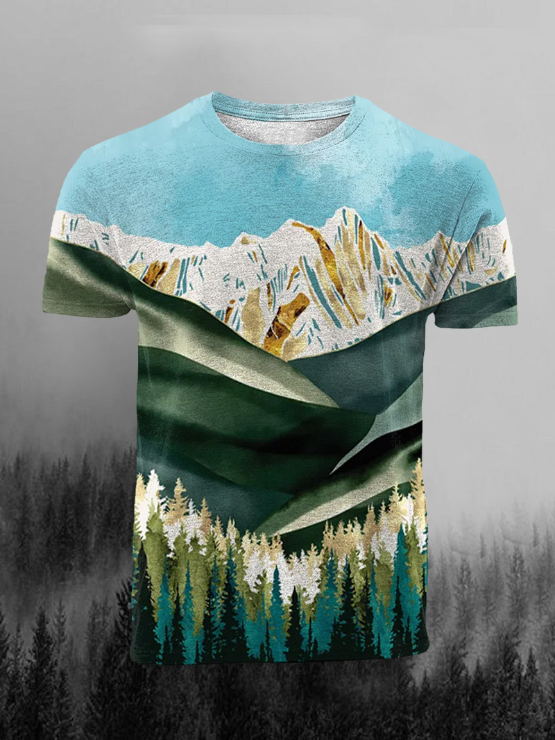 Men's Jungle Mountain Print Casual Short Sleeve T-shirt