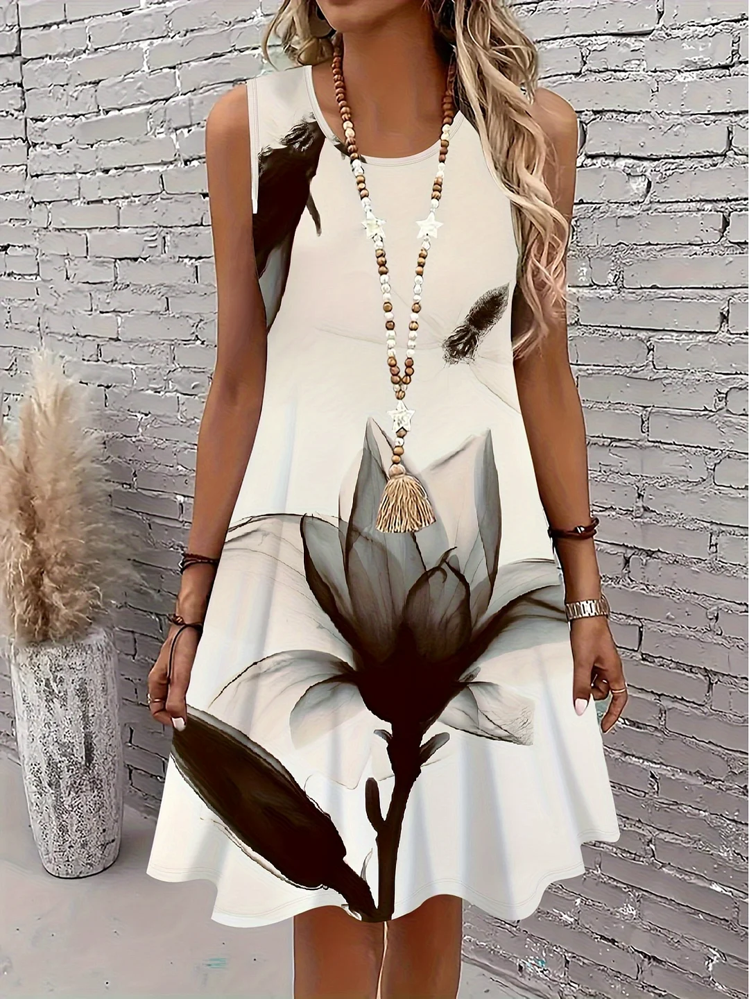 Women's Sleeveless A- Line Dress-Black And White Floral Print, Lightness And Elegance Of Summer Vacation And Casual Clothing, Machine Wash Floral Printed Dress | IFYHOME