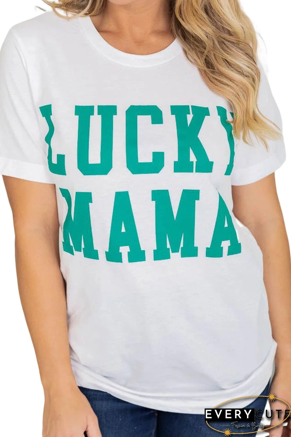 White LUCKY MAMA Letters Print Tee