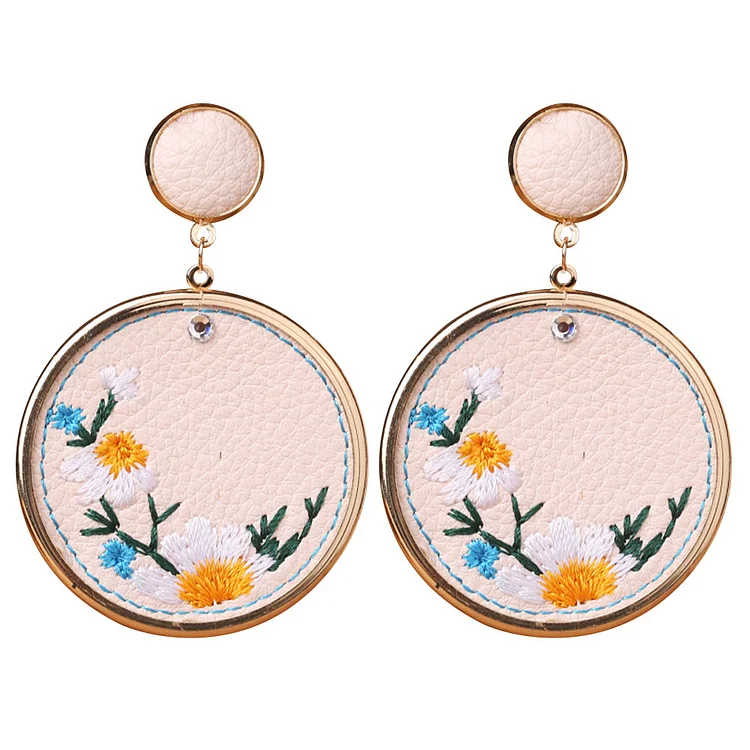 Retro Embroidered Flower Leather Dangle Earrings Boho Round Earring Jewelry-Annaletters