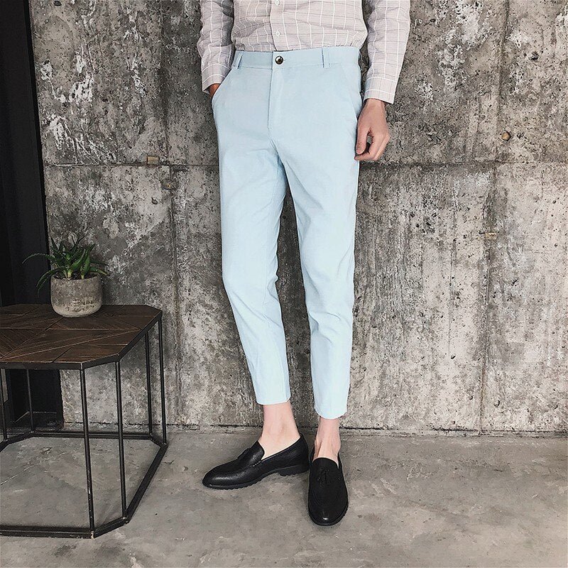 Woherb Solid Casual Pants Men Slim Fit Ankle-Length Trousers Male 2020 New Spring Summer White Khaki Black Stretch Fashion Suit Pants