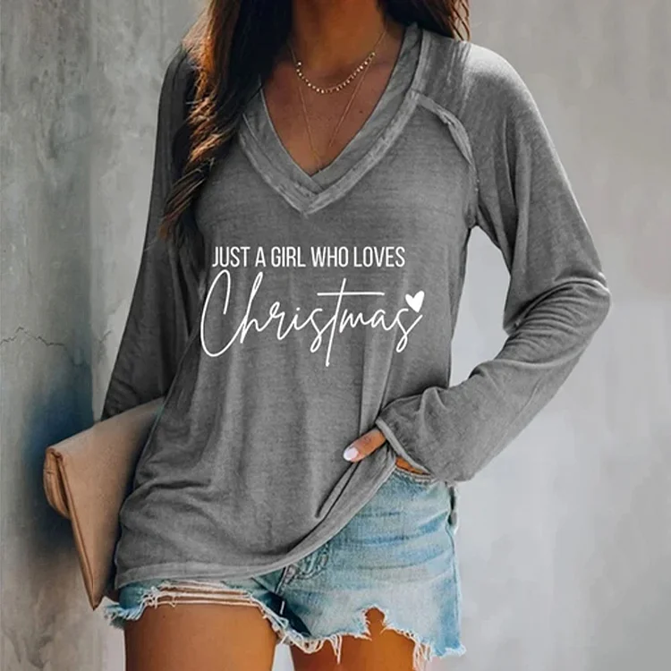 VChics Women's Just A Girl Who Loves Christmas Print Casual Long Sleeve T-Shirt