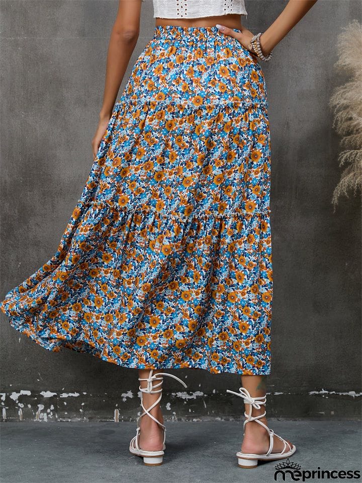 Bohemian Style Lady Spring Summer Flowers Print Beach Holiday Skirt