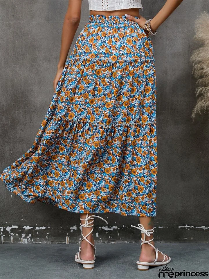 Bohemian Style Lady Spring Summer Flowers Print Beach Holiday Skirt