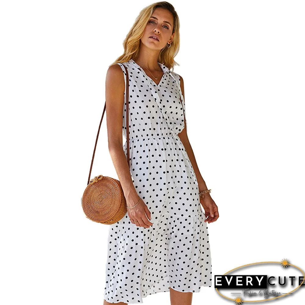 White Polka Dot Sleeveless Fashion Dress